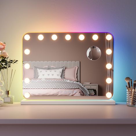 ELEGANT Hollywood RGB Lights Vanity Mirror 58x43cm with Bluetooth Speaker Makeup Mirror with 15 LED Bulbs and 10X Magnifying Mirror Touchscreen 3 Color Lighting Modes