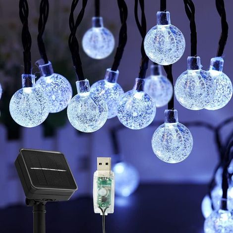 Guirlande Lumineuse Extérieur Solaire，7M 50LED Guirlande Solaire Extérieure Étanche IP65 8 Modes Guirlande Lumineuse Solaire & USB， pour Noël, Fête, Jardin, Terrasse, Balcon, Arbres, Mariages（Blanc） (1/5)