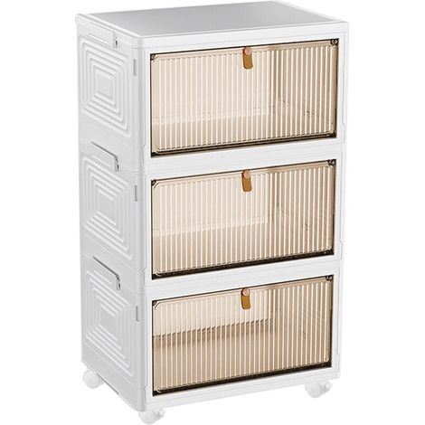 – Boîte de rangement plastique pliable – Lot de 3 caisses empilables avec 4 roulettes – Dimensions 40 x 37,5 x 64 cm – Capacité 45L