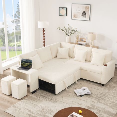 Canapé d’angle convertible en chenille beige 220x205x86,5 cm, avec méridienne réversible, rangement, pouf et ports USB (1/5)