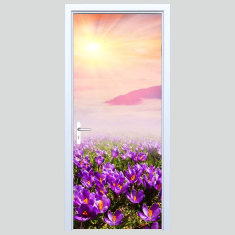 Adhesivo de tela para puerta con diseño de hermosos crocos en las montañas (308PD)