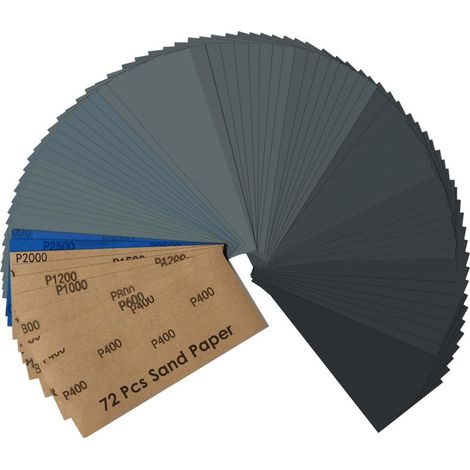 72 Pièces Papier de verre,Papier abrasif 400 600 800 1000 1200 1500 2000 2500 3000 Grains,9 x 23 cm,papier à poncer fin pour la finition des voitures métal bois peinture murs (1/5)