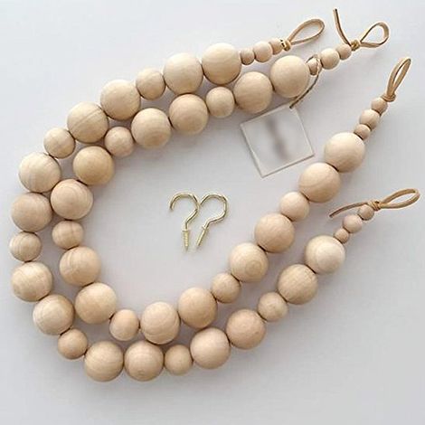 Crochet de rideau en bois avec perles (2 pièces) - Embrasse - Support de rideau - Crochet de rideau en bois avec perles - Crochet de rideau - Blanc - BoisBlanc (1/5)
