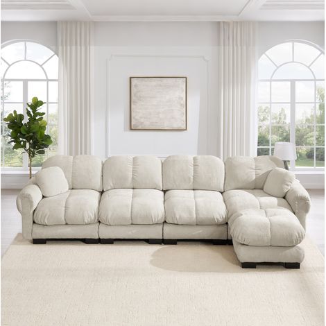 CHICFURN Sofá esquinero modular 330x149x90 cm en chenilla beige claro, 4 plazas, puf móvil (1/5)