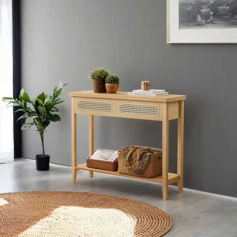 Table Console, Table d’Entrée, Bout de Canapé pour Salon, avec 2 Tiroirs, Étagère Ouverte, Coins Arrondis, Style Boho, Beige (1/5)