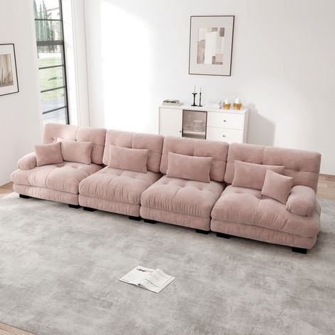 Canapé d'angle modulaire 4 places, profond et moelleux, convertible en lit, tissu velours rose, rembourrage confortable, idéal salon, appartement, studio, bureau (1/5)