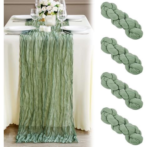 Set di 4 runner da tavola verde salvia, tessuto in garza rustica da 90 x 300 cm, decorazione per tovaglia da matrimonio verde salvia, per feste di matrimonio, addio al nubilato, decorazioni da tavola (1/5)