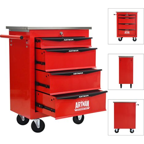 Chariot à outils multifonction 4 tiroirs en acier avec roulettes, plateau inox, rouge et noir, pour atelier et garage (1/5)