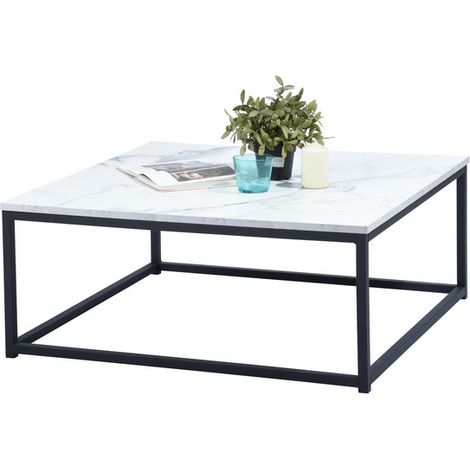 MEUBLES COSY Mesa de centro moderna auxiliar para sofá 80 x 80 cm - Tablero Panel de madera Mármol - Metal pintado de negro (1/5)