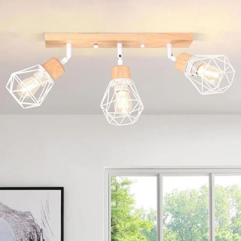 Plafonnier 3 Spots Industriel,Plafonnier Spot Vintage en Métal Abat-jour Design Cage avec Base Rectangulaire en Bois,Blanc (1/5)