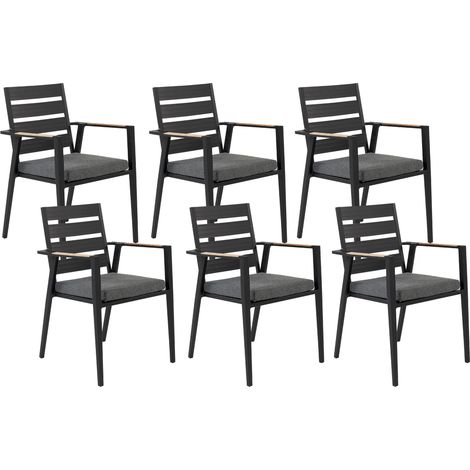 Conjunto de 6 sillas de jardín de metal negro gris madera clara cojines Taviano (1/5)