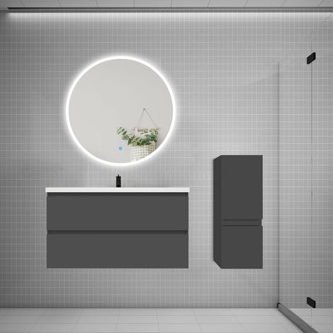 Ensemble meuble vasque L.99cm 2 tiroirs + lavabo + LED miroir rond 90cm + colonne,anthracite (1/5)