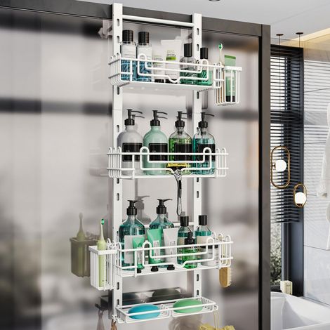 Étagère de douche à 4 niveaux à suspendre à la porte avec 22 crochets et 2 supports de brosse à dents, sans perçage, organiseur de douche réglable à suspendre pour salle de bain, blanc (1/5)