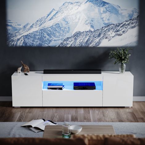 ELEGANT TV Stand Front High Gloss LED TV Cabinet Floor Stand TV Unit with Storage for Bedroom Living Room, 1800mm White TV Entertainment Unit