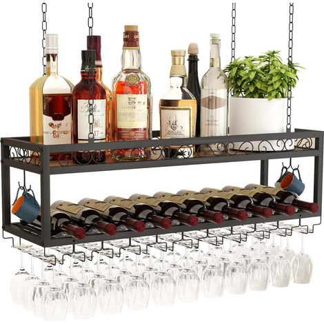 Casier à vin suspendu plafond métal bois – 44 verres, 100 kg