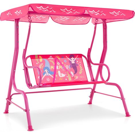 Balançoire patio pour enfants 2 places avec support métallique et auvent réglable - rose (1/5)