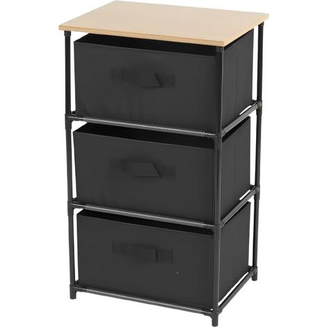 Étagère de rangement 3 tiroirs tissu - Structure métal et plateau bois - Noir - Livraison gratuite