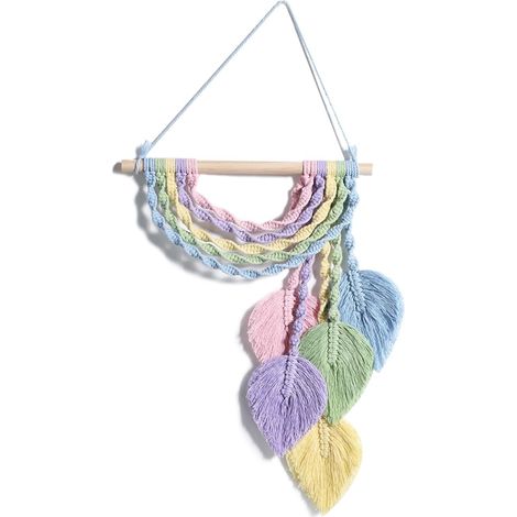 Regenbogenblätter – Nordische Webkunst – Bunte Blätter im Teppichstil – Wanddekoration fürs Kopfteil – Federanhänger – Geknotete Blätter aus buntem Seil – 30 x 60 cm