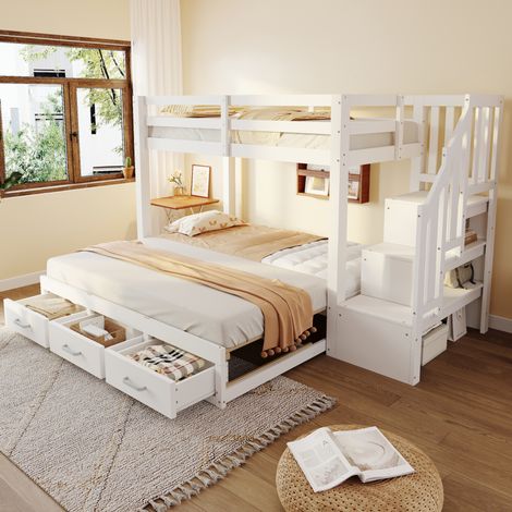 DESVIAE Lit superposé avec lit gigogne 90 x 200 cm et 90 180 x 190 cm avec escalier de rangement et 3 tiroirs bois blanc (1/5)