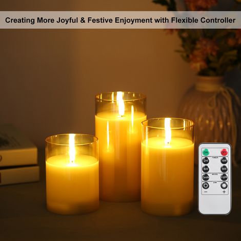 Ortviai Bougies LED sans flamme 3 pièces avec télécommande – effet vacillant ou fixe, minuterie 2/4/6/8 h, piles AA (1/4)