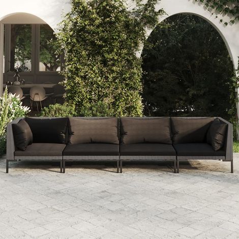Salon de jardin 4 pcs avec coussins Résine tressée Gris foncé (1/5)