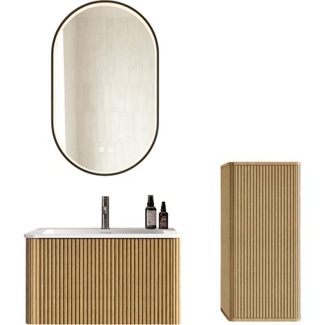 Set mobile bagno sospeso 80 cm con lavabo, mobile laterale e specchio LED ovale nero, colore rovere (1/5)