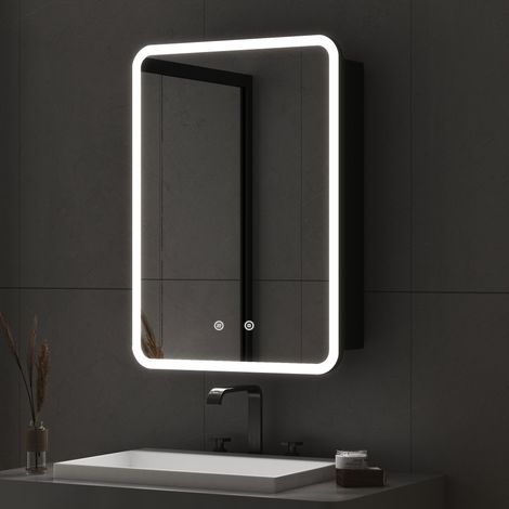 Spiegelschrank Bad mit Beleuchtung 40x60cm Schwarz Spiegelschrank mit Beleuchtung Metall LED Badezimmerschrank mit Dimmbar + Beschlagfrei + Verstellbare Glasablage (1/5)