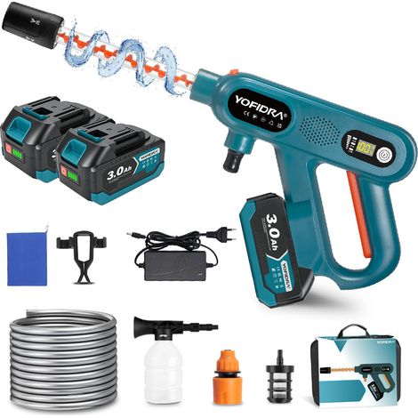 Nettoyeur Haute Pression sans Fil 80 Bar, 2 Batteries Incluses, Buse 5-en-1 Multi-Usage Buse et 180°, Tuyau 5m pour Voiture, Jardin, Terrasse, Maison, Arrosage (1/5)