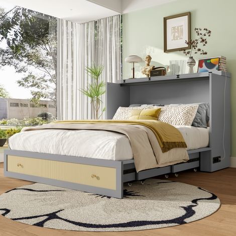 Lit escamotable Murphy 140×200cm gris,tiroirs au bout,étagère à tête,USB et prise,lit plateforme convertible,cadre solide sans matelas inclus