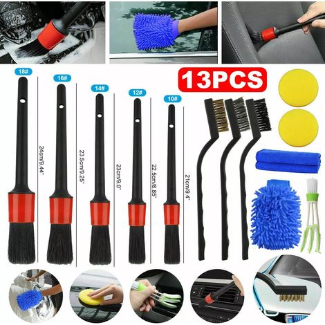 Kit brosses detailing auto 13 pièces, brosse nettoyage voiture avec poils souples, brosse detailing jantes et aérateurs, intérieur extérieur (1/5)
