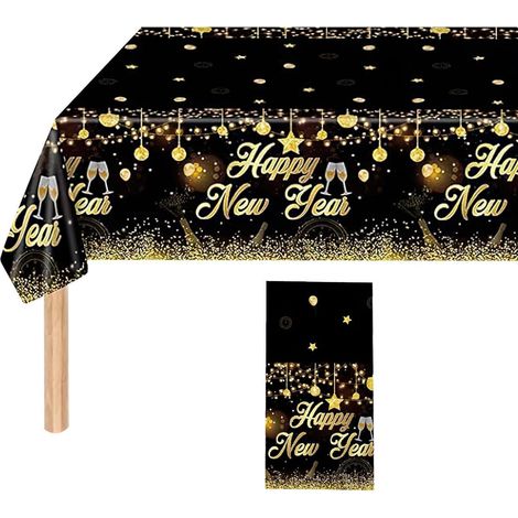 Tischdecke Silvester 2026 Schwarz Gold, Happy New Year Tischtuch, wasserdicht