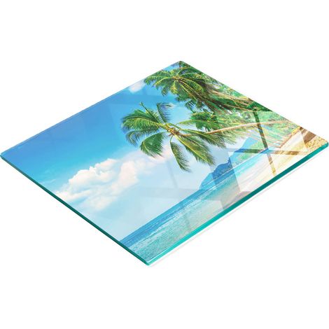 Tablero decorativo multifuncional de vidrio templado con dise帽o de palmeras de playa, 60x52 cm.