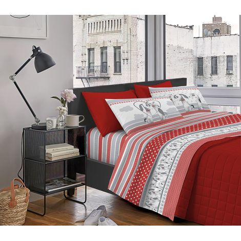 Completo Letto Stampato Made In Italy 100 % Cotone Set Lenzuolo Sopra Sotto Federe BauBauRosso - Singolo (1/3)