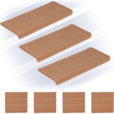 Relaxdays Stair Treads, Set of 15, Rectangular Step Mats, 65 x 24 cm, Self-Adhesive, Non-Slip, Carpet Runner, Beige