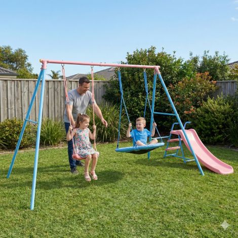 Balançoire de jeux enfant avec 2 balançoires et toboggan, acier bleu et rose (1/4)