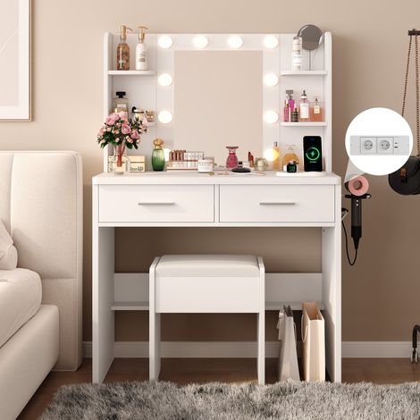 Coiffeuse avec Miroir LED et Tabouret, 10 Ampoules LED à 3 Couleurs, Équipée de Prises Électriques USB et Type-C, 2 Tiroirs, 4 Étagères, Grand Espace de Rangement, 80 x 40 x 136 cm, Blanc