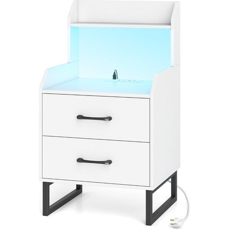 Mesita de noche de 45 x 40 x 80 cm con estación de carga integrada ambiente acogedor diseño limpio en madera MDF blanca 200018194
