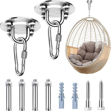 Juego de 2 ganchos de techo de acero inoxidable de alta resistencia - Para colgar sillas, hamacas, columpios - Giro de 360° - Ganchos plateados (1/5)