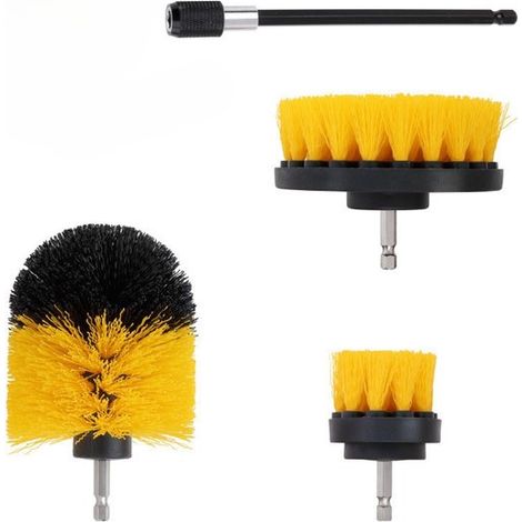 Set 4 brosses de nettoyage jaunes pour perceuse avec rallonge, joints, douche, baignoire, carrelage, cuisine (1/5)