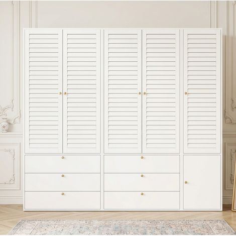 Armadio a 5 ante 225x50x200 cm, porte a lamelle, 3 aste appendiabiti, 6 cassetti, pannello truciolare bianco (1/5)