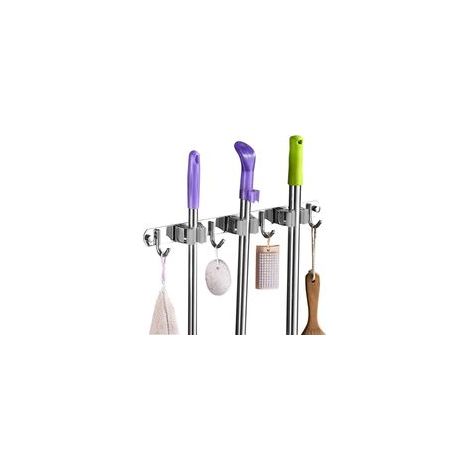 Porte Balai Mural - Accroche Balai en Acier inoxydable, Support Cintre de Rangement pour Cuisine, Buanderie, Garage (3 Emplacements et 4 Crochets,Gris )