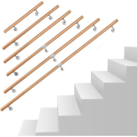 Wolketon Barandilla de pared de haya 100 cm, pasamanos antideslizante Ø4,2 cm con soportes inox, para niños mayores (1/5)