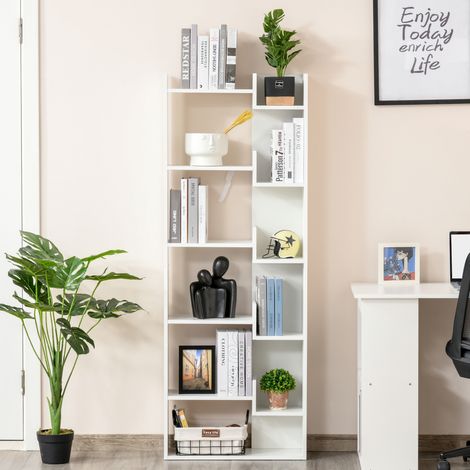 Libreria a 6 ripiani, libreria verticale dalla forma irregolare, design moderno, sistema antiribaltamento, 60x21x162,5 cm, bianca. (1/5)