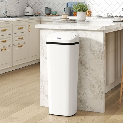 Pattumiera automatica da cucina in acciaio inox da 50 litri, con sensore di movimento senza contatto, dimensioni 33x25x84 cm, colore bianco. (1/5)
