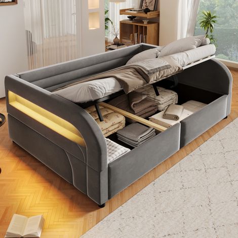 Divano letto per adulti 140x200 cm con contenitore idraulico e illuminazione a LED, struttura imbottita per camera da letto, tessuto in flanella grigia (1/5)