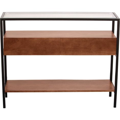 Console en bois foncé manguier massif et plateau en verre 2 tiroirs L100 cm SITA (1/5)