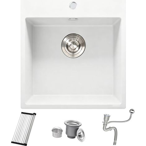 Evier Cuisine en Granit Blanc 48x50cm, Lavabo 1 bac, Évier à Encastrer 40cm, avec Bonde et Kit de Trop-Plein, Grille Enroulable et Siphon (1/5)