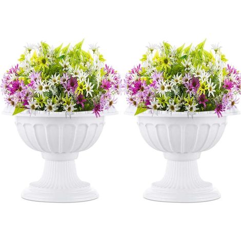 2 Pièces Jardinière Classique pour Urne, Urne Décorative en Plastique pour Intérieur ou Extérieur, Hauteur 26cm, Jardinière en Plastique avec Piédestal Haut, Pot de Fleur Style Vintage, Blanc (1/5)