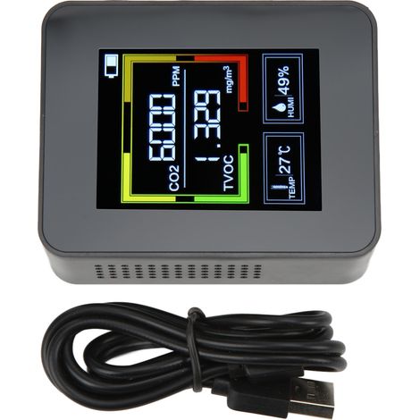 Détecteur de CO2 intelligent 4 en 1 ZNAZ2CO2, moniteur qualité d’air portable TOVC, thermomètre et hygromètre noir (1/5)