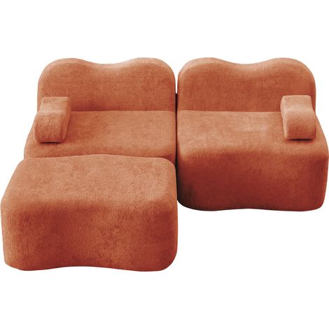 Divano modulare angolare a L 2 posti con 1 pouf, velluto arancione, senza montaggio, MODENUIT (1/5)
